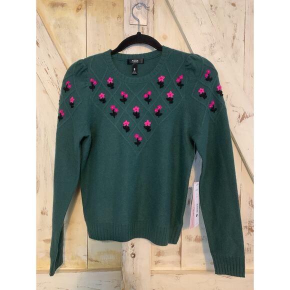 Aqua Cashmere 100% Green Sweater Pink Embroidered Flower Design Women's Size XS - Picture 7 of 15